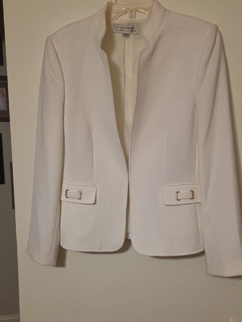 Tahari ASL Ivory Open-Front Collarless Blazer with Gold Accents